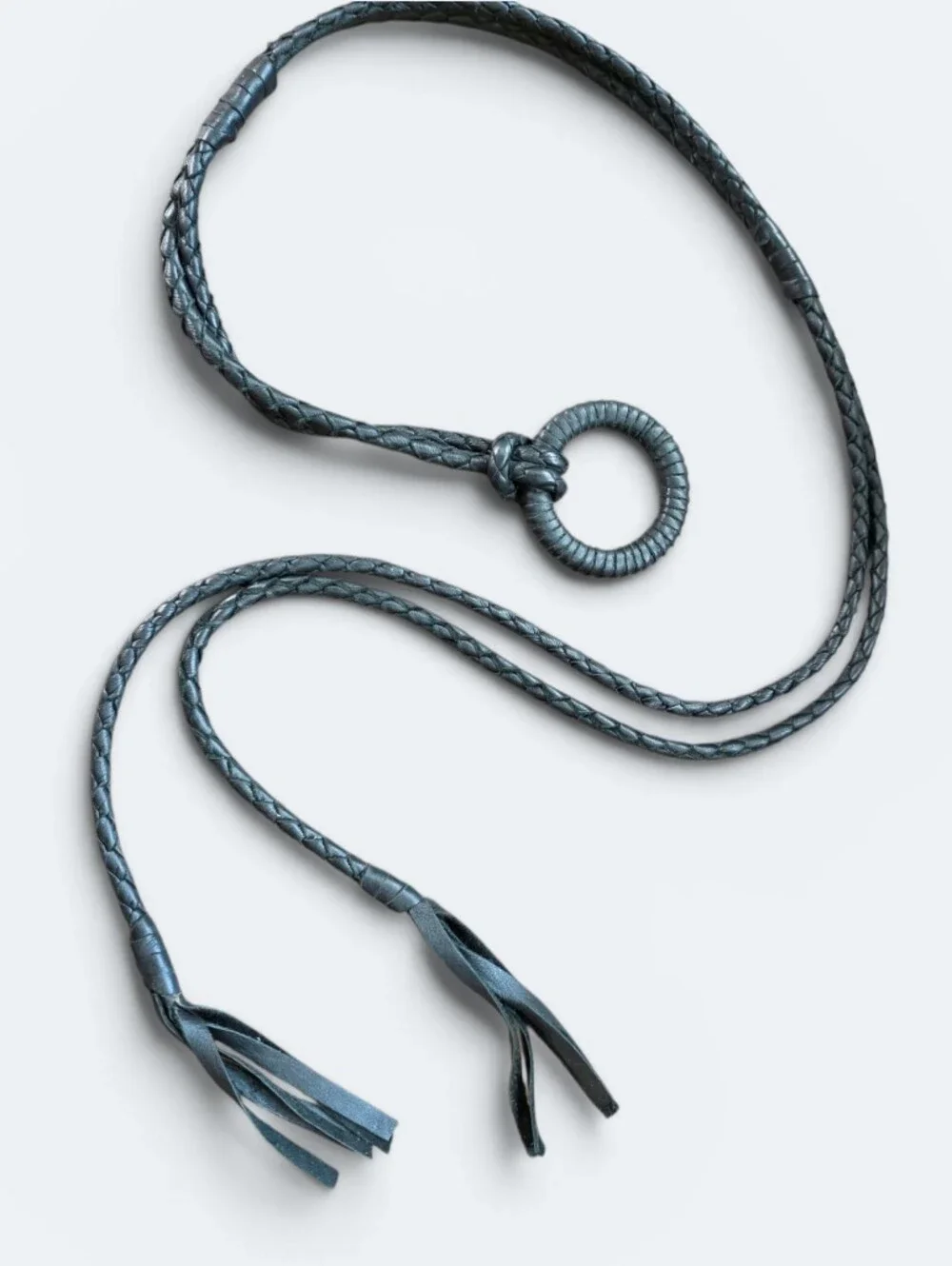 Black Braided Leather Wrap Belt O-Ring Tassel Fringe Boho Western